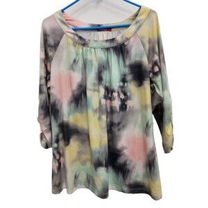 Bashara‎ Lesser Womens Hippie BOHO Top Large Multi Tie Dye Raglan Sleeve Casual